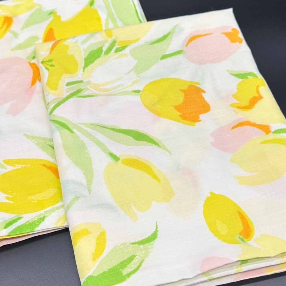 Vintage Floral Pillowcases Yellow Pink Tulip Flowers Utica USA Set Of 2 Retro